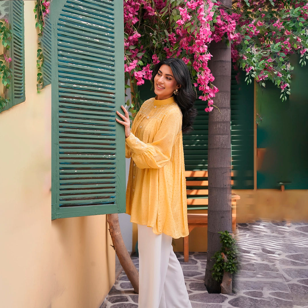 Saffron Bloom Tunic Set — front view | Sachi Vera Pakistan