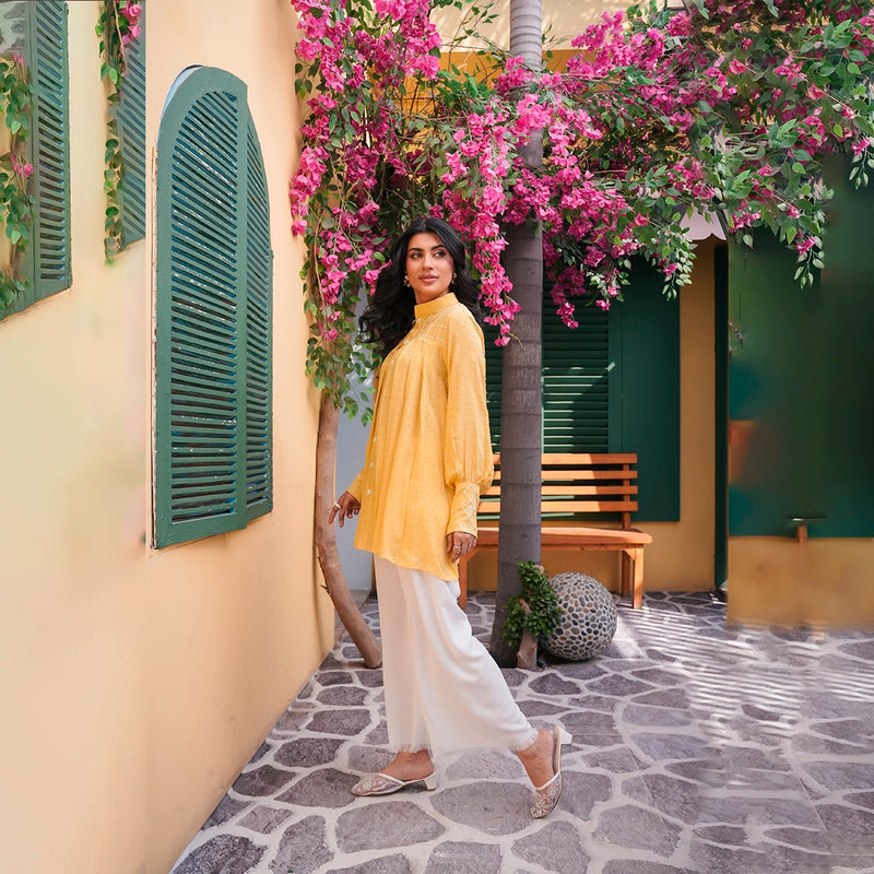 Saffron Bloom Tunic Set — side view | Sachi Vera Pakistan