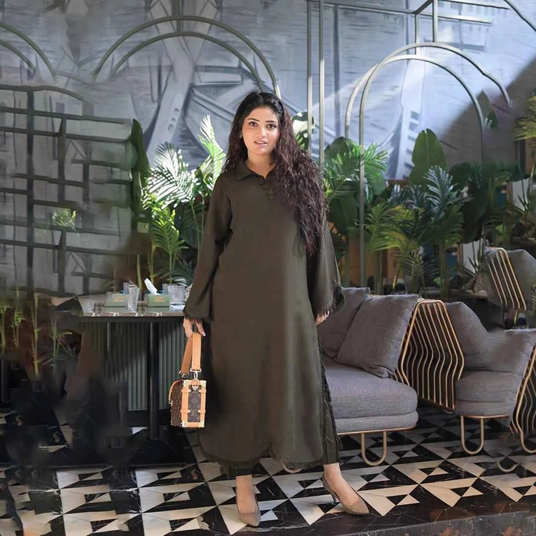 Olive Ease Dress — women's made-to-order kurta set | Sachi Vera Pakistan