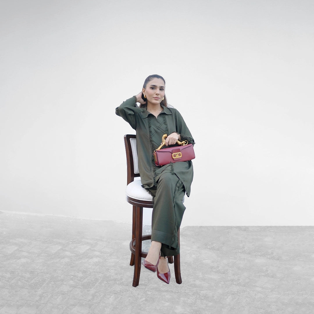 Deep Olive Set — back view | Sachi Vera Pakistan