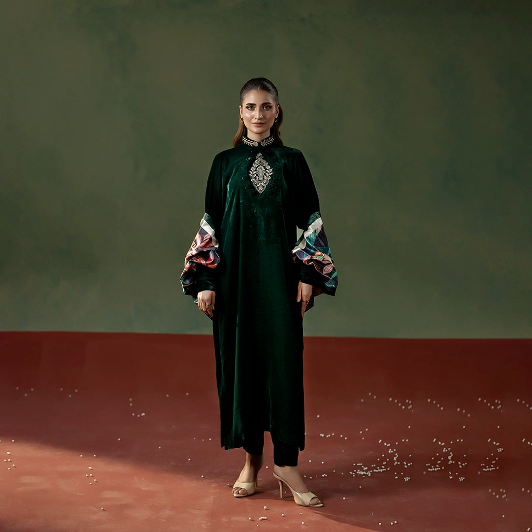 Majestic Moss Set with Luxury Draped Wrap — women's made-to-order kurta set | Sachi Vera Pakistan
