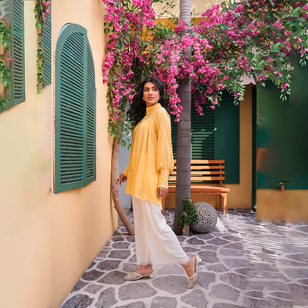 Saffron Bloom Tunic Set — side view | Sachi Vera Pakistan