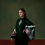 Majestic Moss Set with Luxury Draped Wrap — side view | Sachi Vera Pakistan