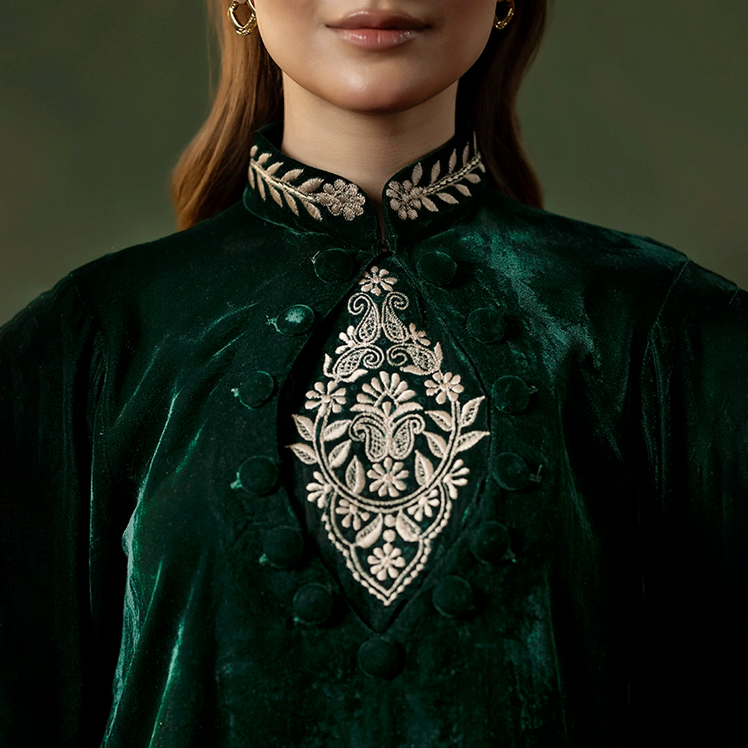 Majestic Moss Set with Luxury Draped Wrap — back view | Sachi Vera Pakistan