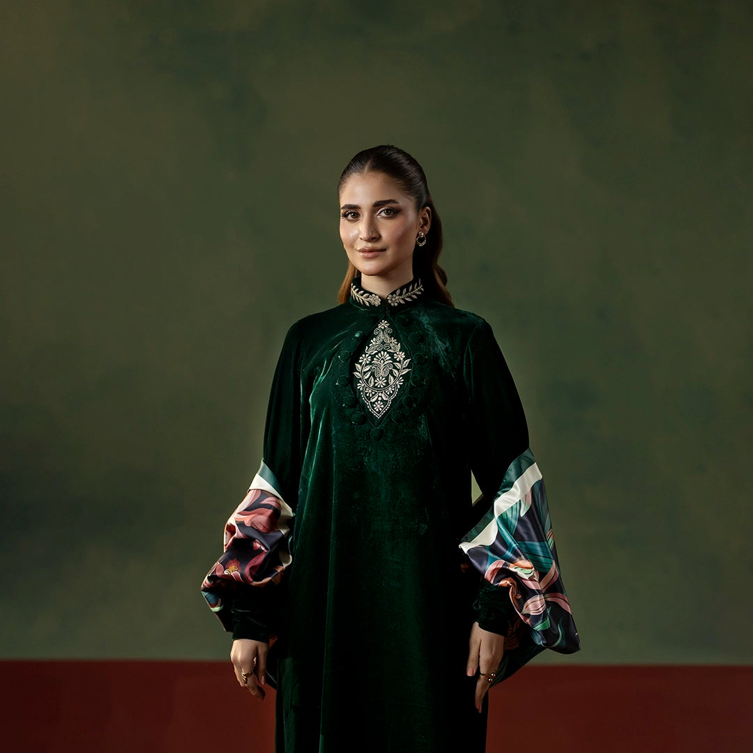 Majestic Moss Set with Luxury Draped Wrap — full look | Sachi Vera Pakistan