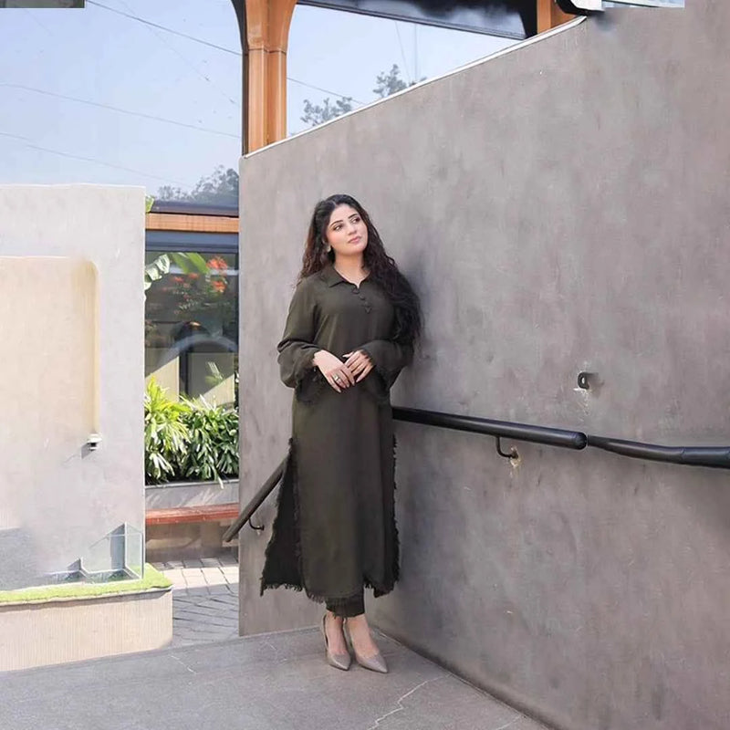 Olive Ease Dress — back view | Sachi Vera Pakistan