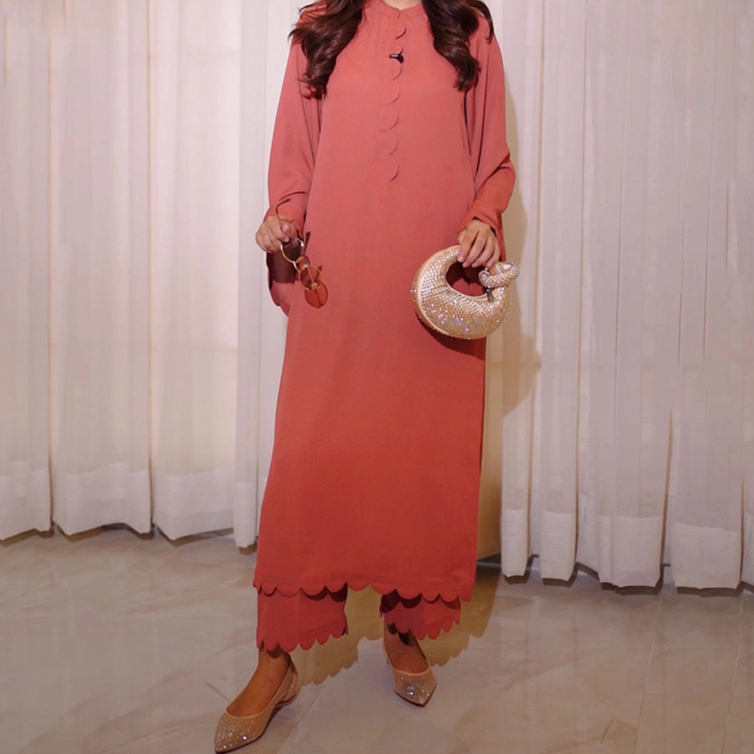 Burnt Rose Scalloped Set — side view | Sachi Vera Pakistan