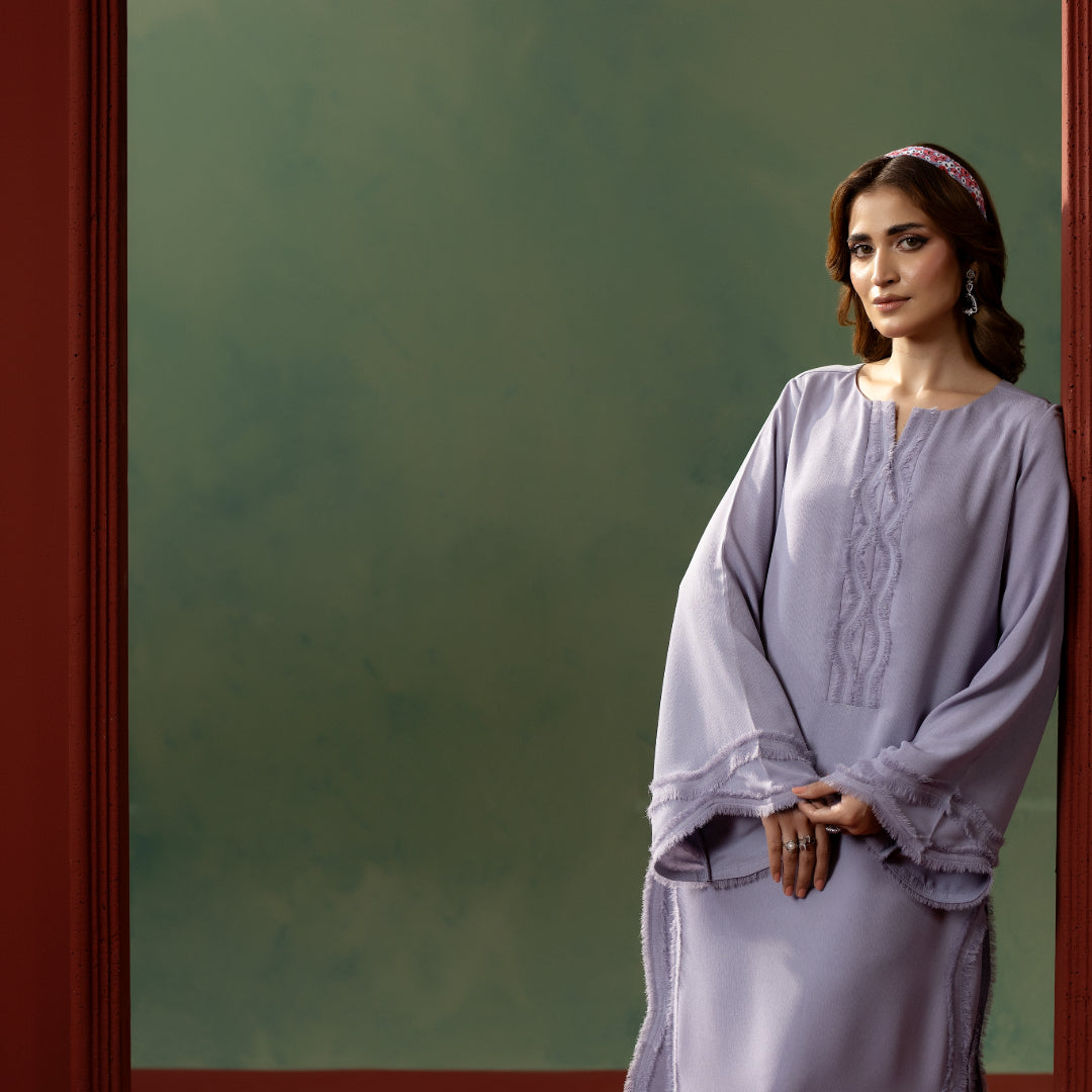 Lilac Grace Dress — model view | Sachi Vera Pakistan