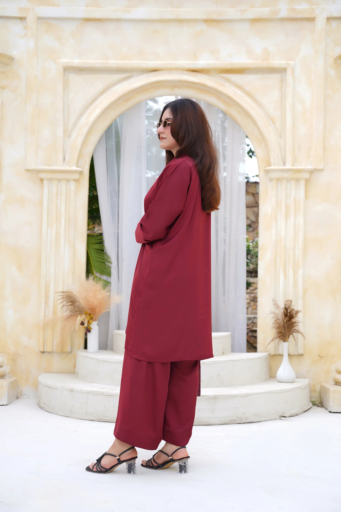 Burgundy Bliss — model view | Sachi Vera Pakistan