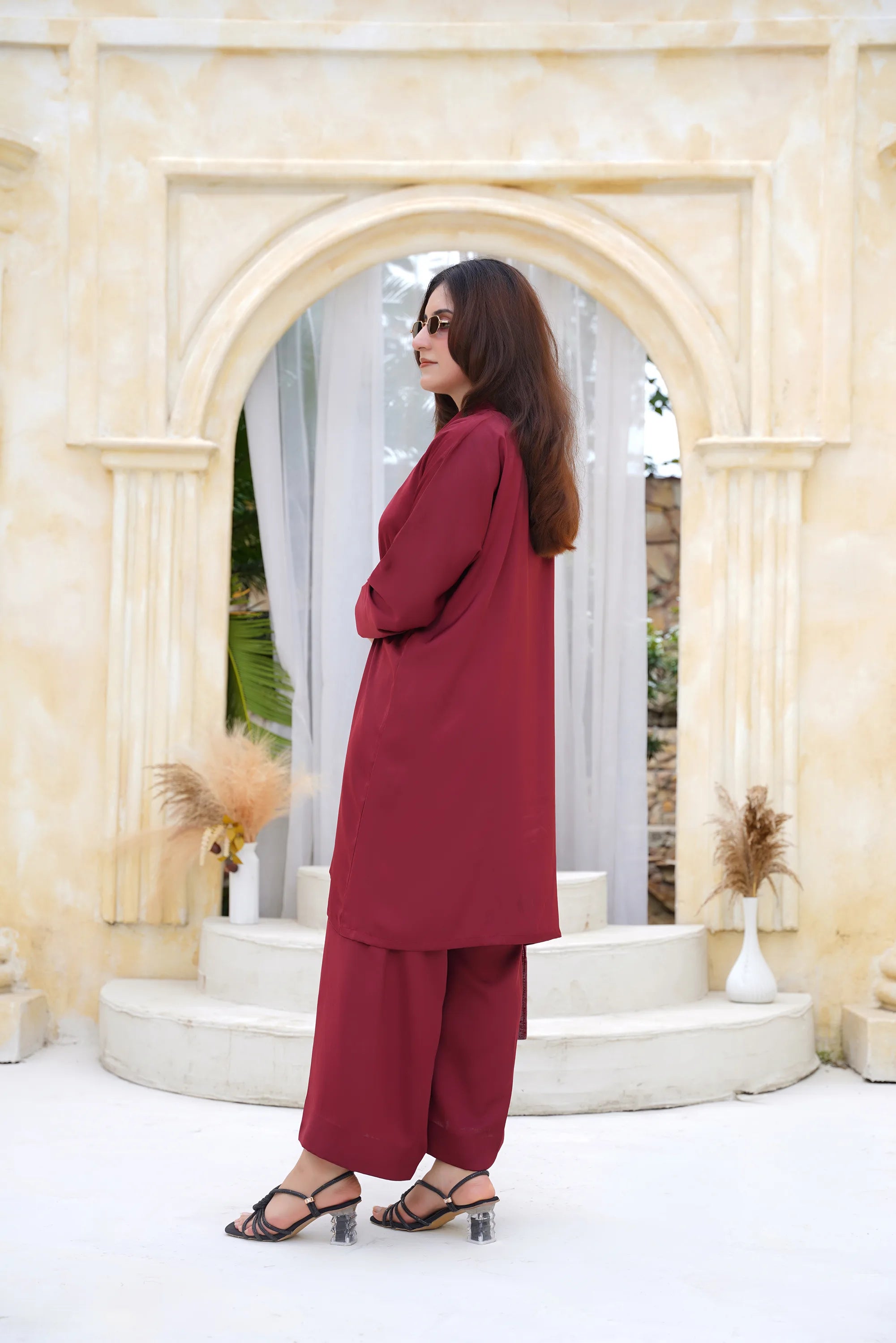 Burgundy Bliss — model view | Sachi Vera Pakistan